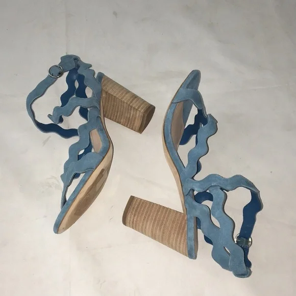 PAIGE Blue Sage Scalloped Strappy Sandals Block Heel Suede 7 NEW - Picture 9 of 12